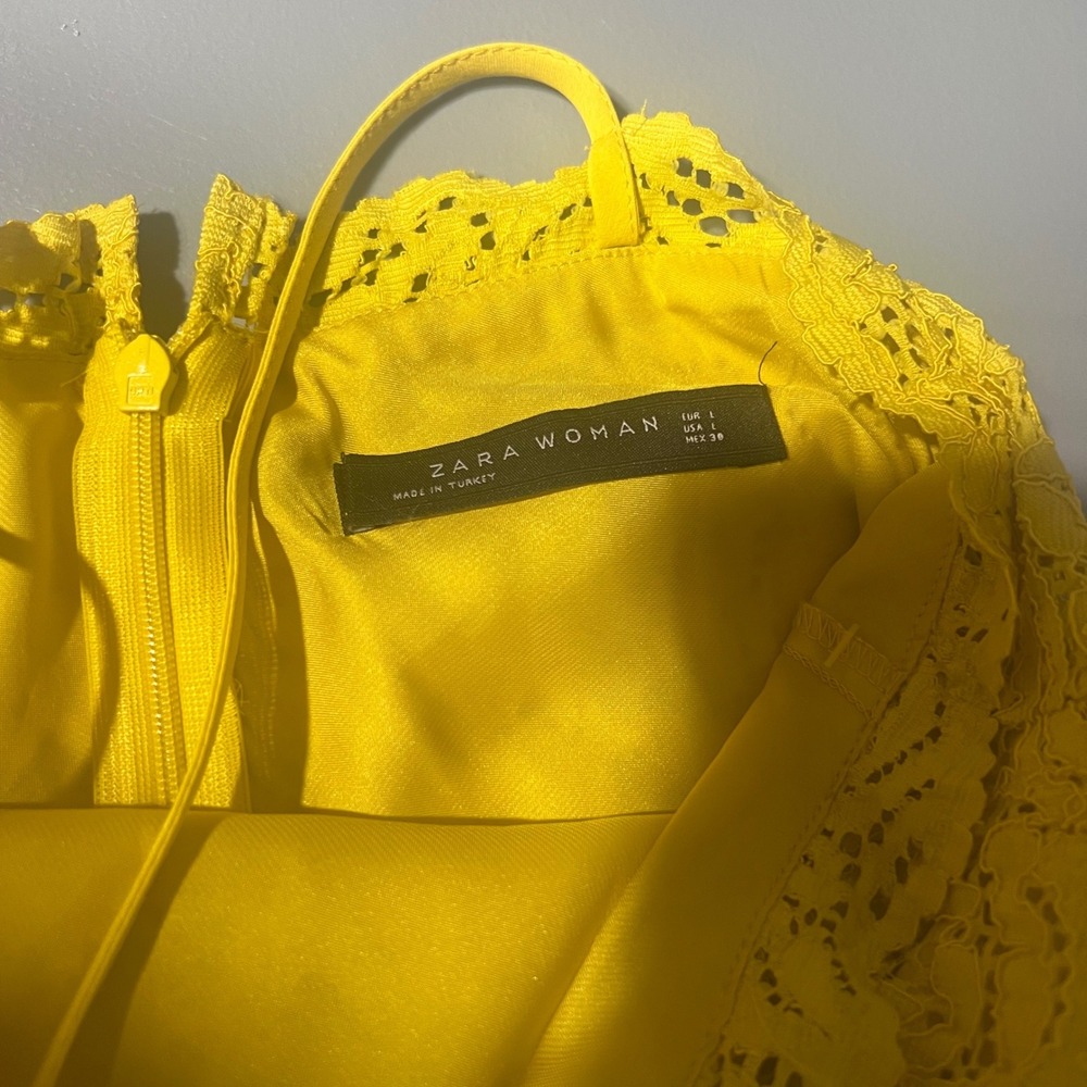 Zara Woman Yellow Lace Halter Midi Dress Size L Floral Sheath Cocktail - Picture 6 of 7